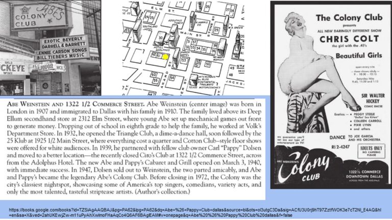 Black and white collage with photos, a floor plan, historical text, and an old Colony Club show advertisement.