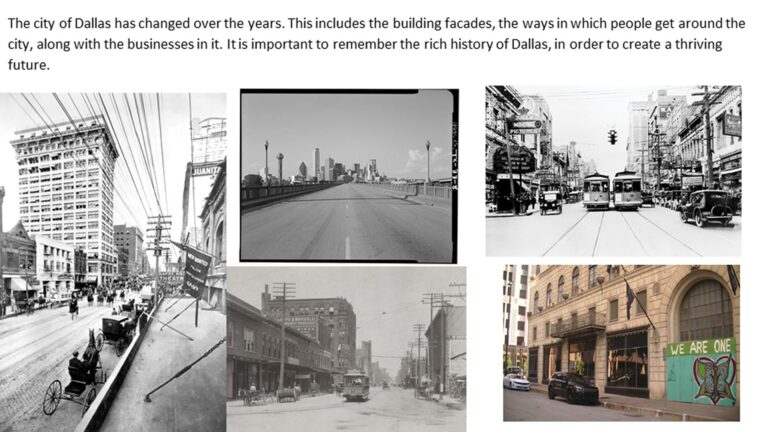Historic and modern Dallas streets, featuring old trams, early cars, and changing building facades over the decades.