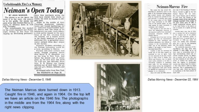 Historical articles and photos show Neiman Marcus fires in 1946 and 1964, with burnt interiors and building exterior at night.