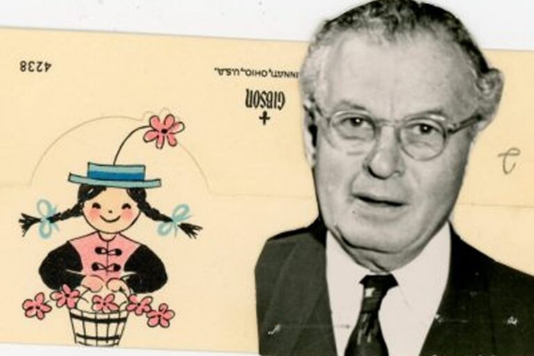 A serious man in a suit is next to a drawing of a girl in braids and a hat, holding flowers.