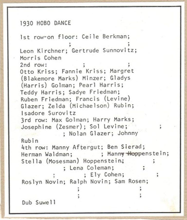 Typed list of names divided into rows for the “1930 Hobo Dance,” including participants and one named Dub Suwell.