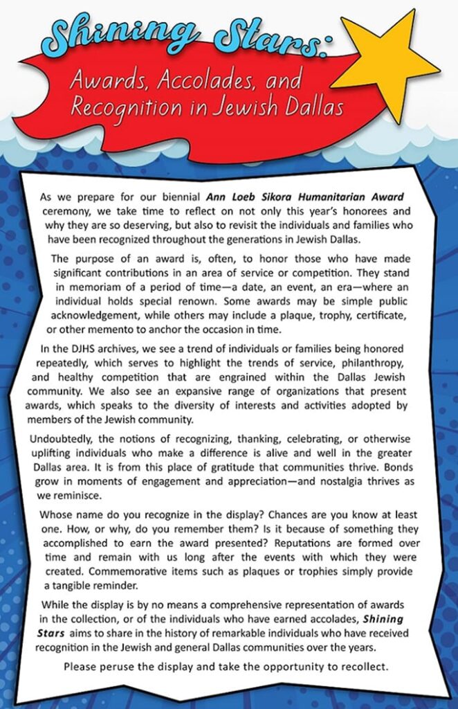 A colorful flyer describes the Ann Loeb Sikora Humanitarian Award and Jewish Dallas awards, with a star and blue cloud design.