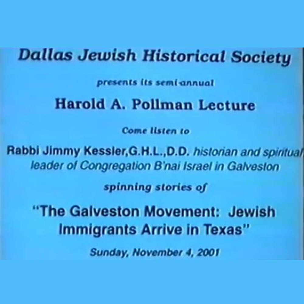 Event flyer for a lecture on Jewish immigrants in Texas, hosted by Dallas Jewish Historical Society, November 2001.