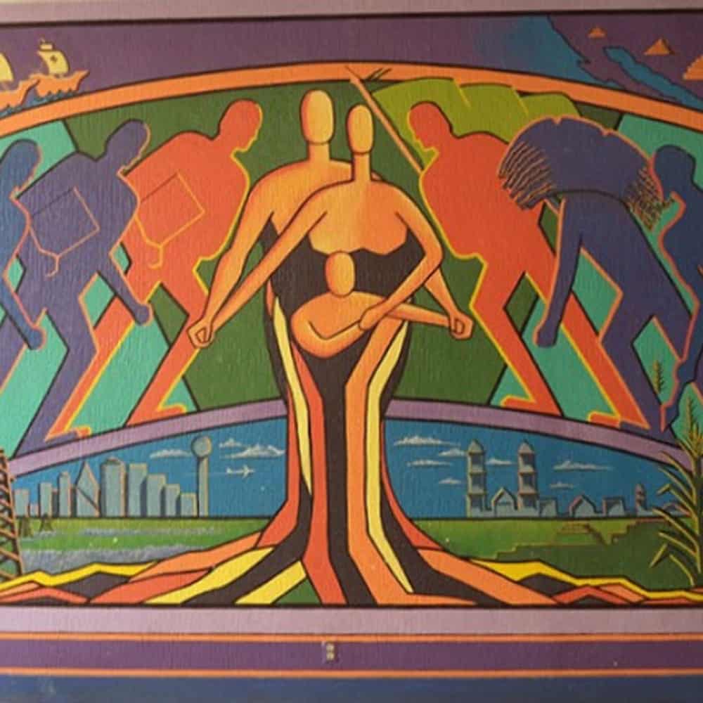 Colorful mural of three faceless figures in front, with silhouettes and cityscape in the background.