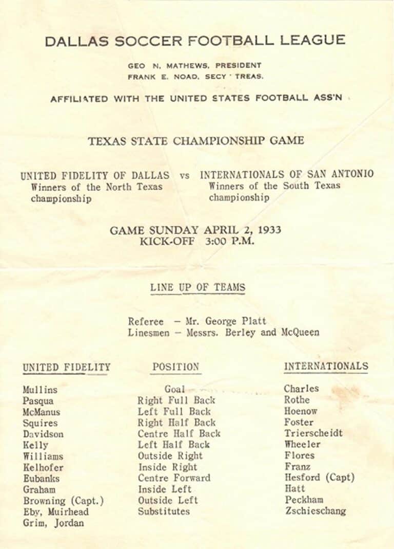 Flyer detailing the 1933 Texas State Soccer Championship game teams, officials, and player lineups.