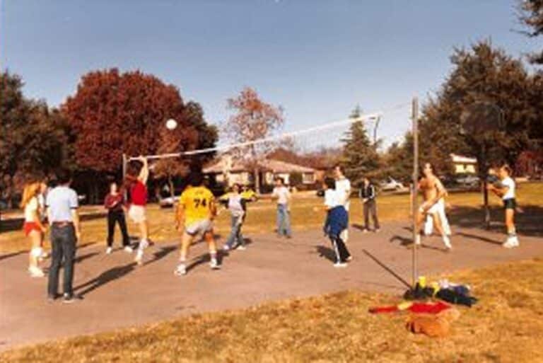 A group of people playing volleyball outside on a sunny day in a park surrounded by trees and houses.