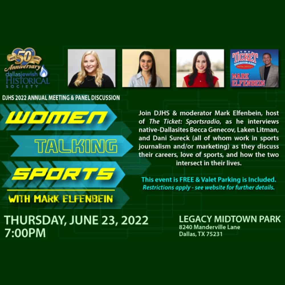Event flyer for “Women Talking Sports with Mark Elfenbein,” June 23, 2022, at Legacy Midtown Park, Dallas, TX.