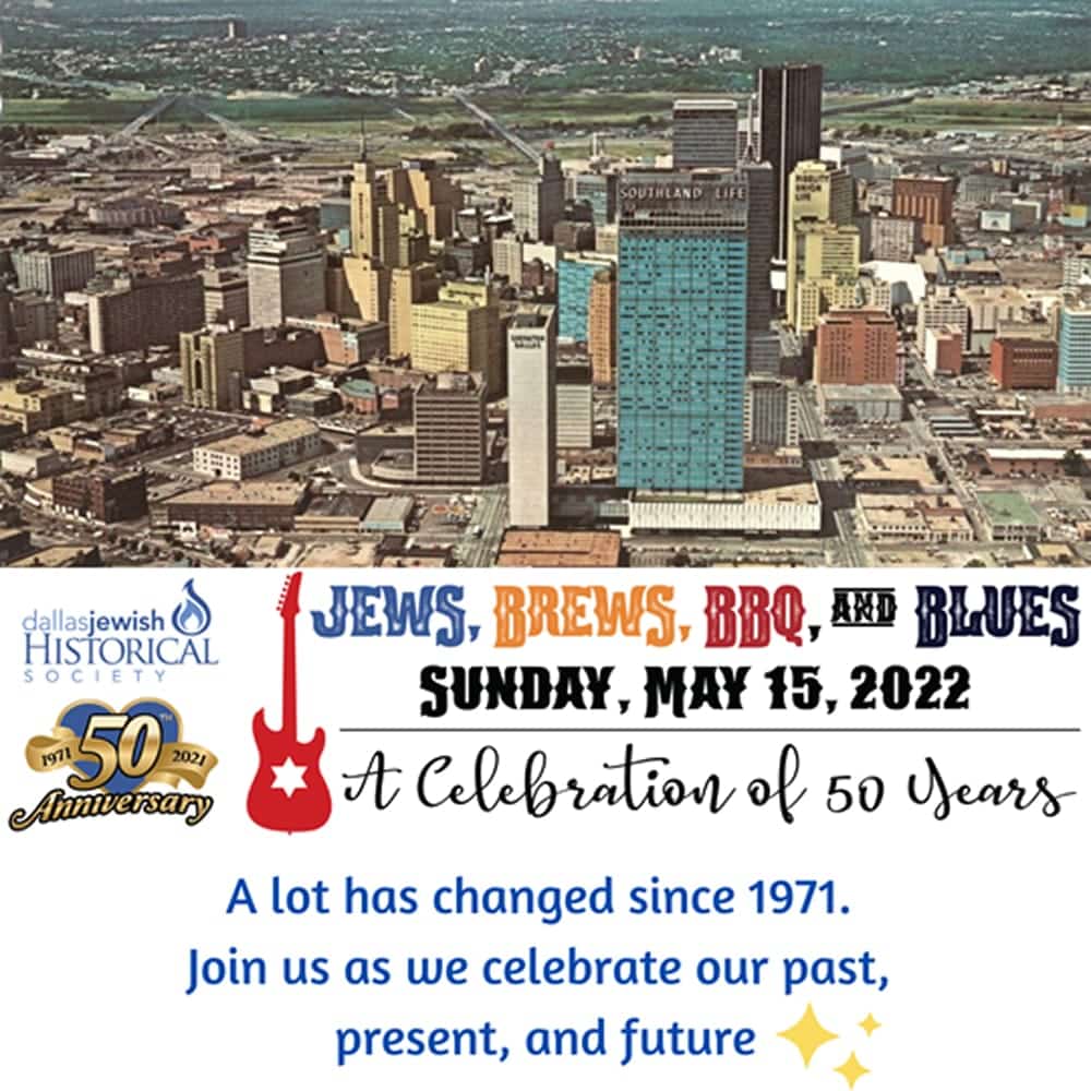 Aerial view of Dallas with event details for a 50th anniversary celebration on May 15, 2022, featuring music and BBQ.