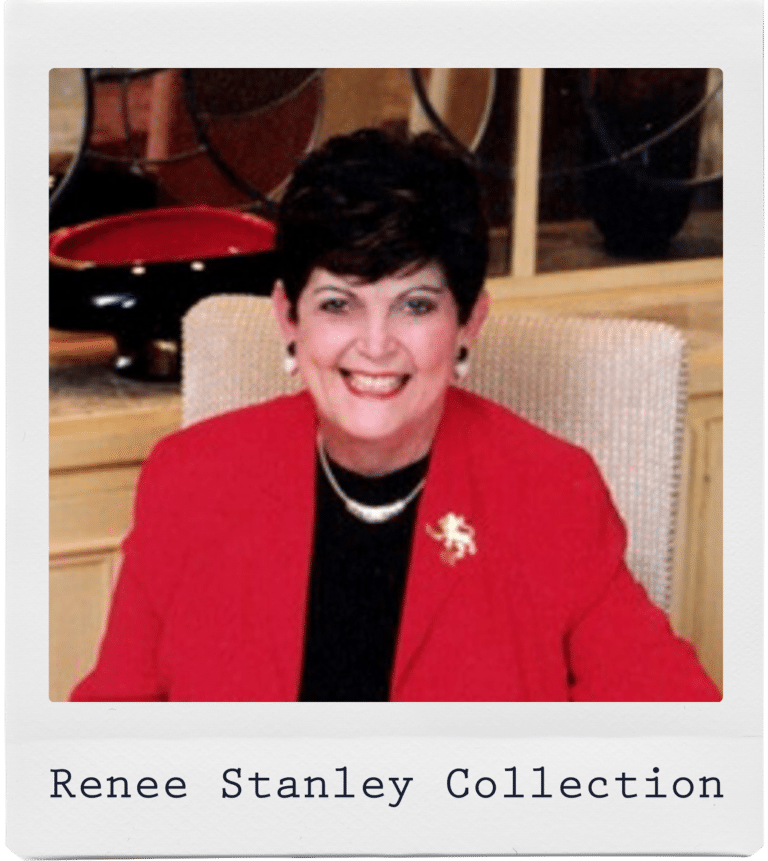Woman in a red blazer sits at a table, smiling, with “Renee Stanley Collection” text below her in a Polaroid-style frame.