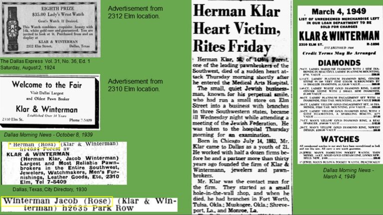 Collage of vintage newspaper clippings and ads for Klar & Winterman jewelers and Herman Klar’s obituary.