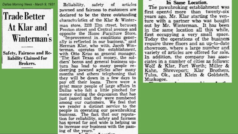 Reliability, safety, fairness, and courtesy are the four qualities claimed by Klar & Winterman’s pawnbroking business.
