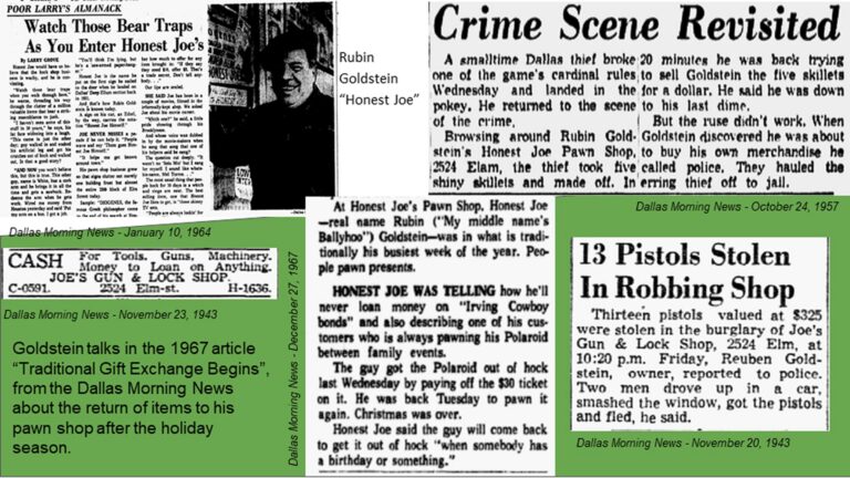 Collage of vintage newspaper articles about “Honest Joe’s” pawn shop thefts and Rubin Goldstein.