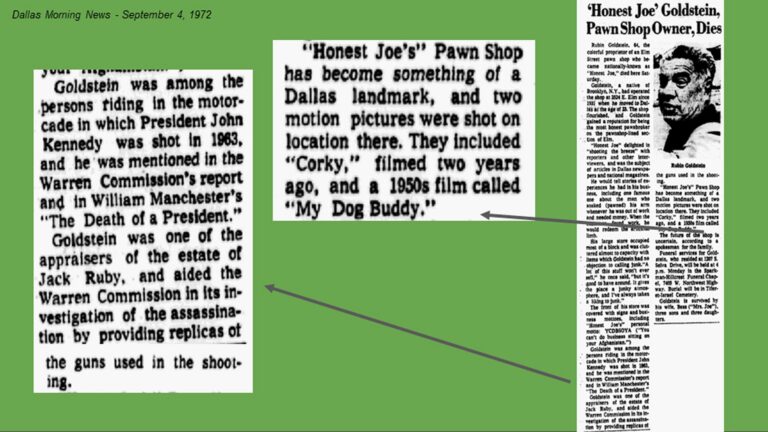 Three newspaper clippings discuss “Honest Joe’s” Pawn Shop, JFK’s assassination, and films shot at the Dallas location.