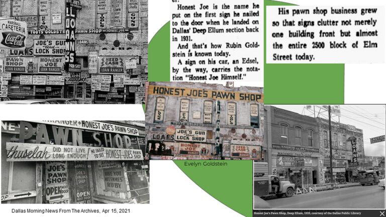 Collage of vintage photos and signs from Honest Joe’s Pawn Shop with descriptive historical text and old storefronts.