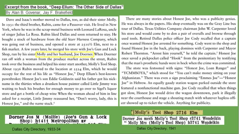 Excerpt about Molly and Joe Dorner, owners of Molly’s Tool Shop in Dallas; highlighted quotes and addresses shown.