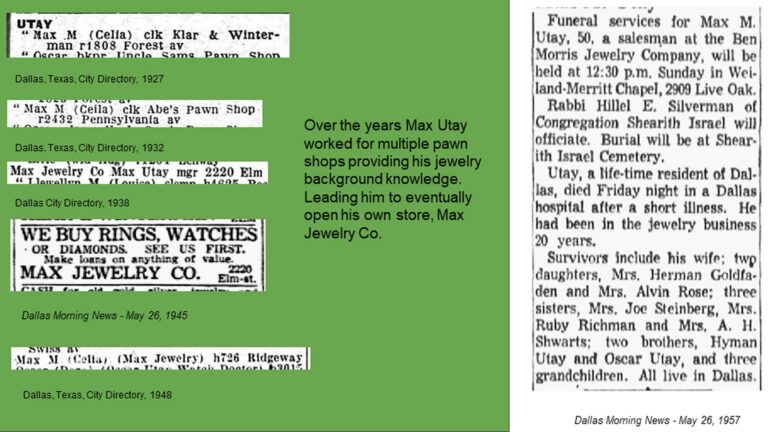 Clippings of pawn shop ads, a pawn shop description, and an obituary for Max Utay on a green background.