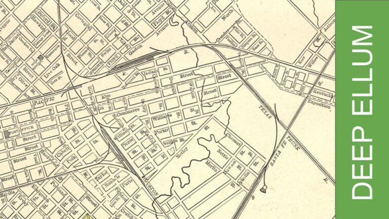 Vintage map of Deep Ellum, Dallas, with streets labeled; green vertical bar on right reads “DEEP ELLUM” in white letters.