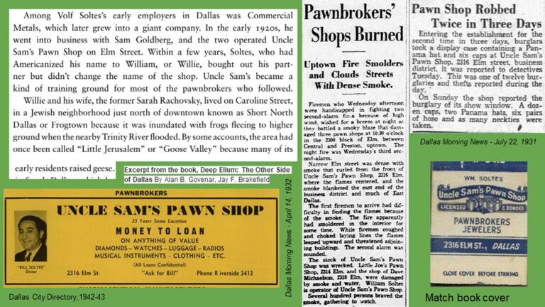 Collage of articles, ads, and book excerpts about Dallas pawn shops, including Uncle Sam’s Pawn Shop and pawnshop robberies.