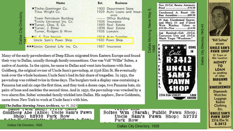 Collage with highlighted text about Uncle Sam’s Pawn Shop, including directory entries and a vintage newspaper ad.