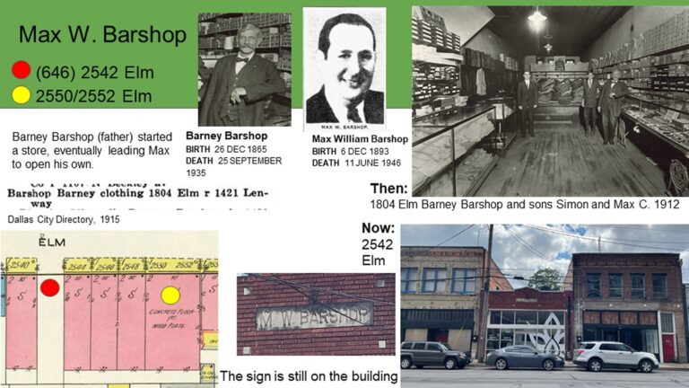 Collage of Max W. Barshop’s history, including photos, maps, text, and a storefront labeled “M.W. Barshop.”.