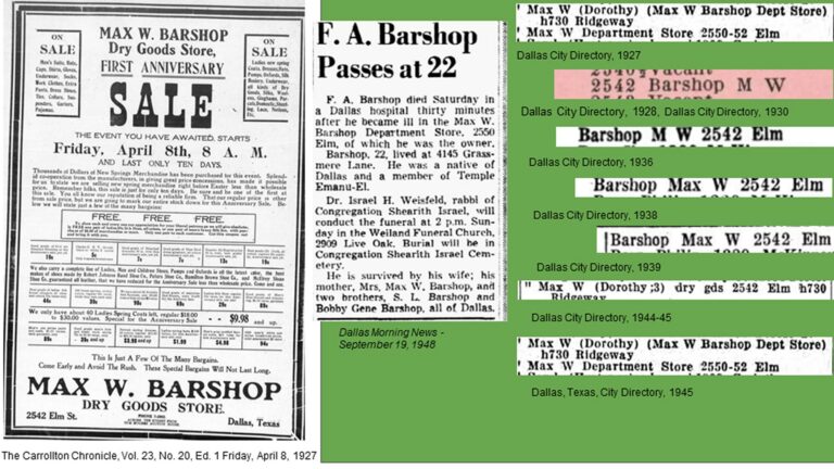 Old newspaper ad for Max W. Barshop Store sale, with clippings and directories listing Barshop’s address and dates.