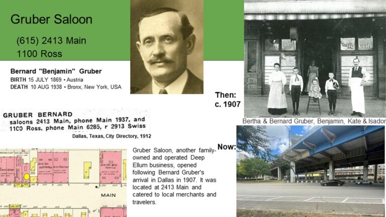 Gruber Saloon collage: historical photos, Bernard Gruber portrait, old map, text, and current view under a highway.