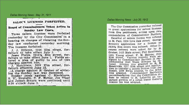 Two old newspaper clippings on a green background discuss forfeited and rejected Dallas saloon licenses in 1911 and 1912.