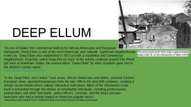 Black-and-white photo shows 1907 view of Deep Ellum’s Elm St. in Dallas, with homes, unpaved roads, and the city skyline.