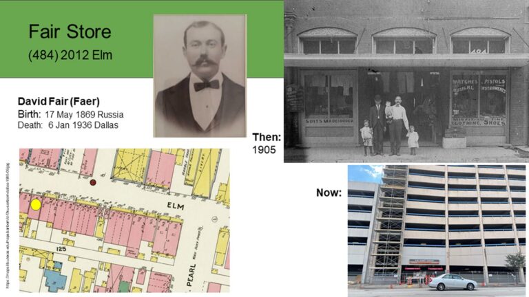 Fair Store: Historic photo, map, and portrait contrast with a modern parking garage at 2122 Elm Street, Dallas.