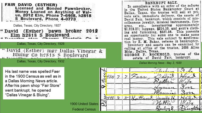 Collage with census, newspaper, and directory clippings about Faer, a pawnbroker in Dallas, plus typed notes on green.