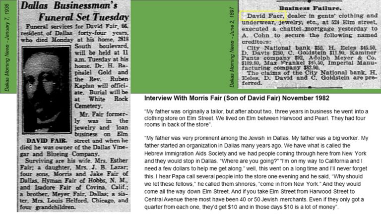 A newspaper obituary, highlighted article, and interview text about David Fair, a Dallas businessman, with a green header.