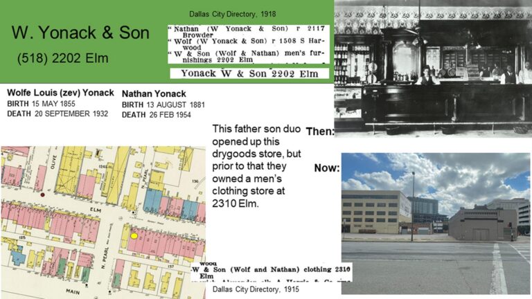 Collage with directories, photos, and maps about W. Yonack & Son, a historical men’s clothing store in Dallas, Texas.
