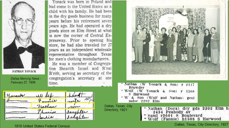 Clippings, census, and a group photo of the Yonack family; highlighted names and a “Nathan W. Yonack & Son” sign.