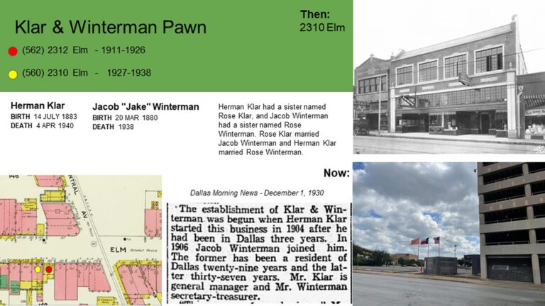 Historic and current photos of a Dallas pawn shop, text about owners, and a vintage newspaper article are shown.
