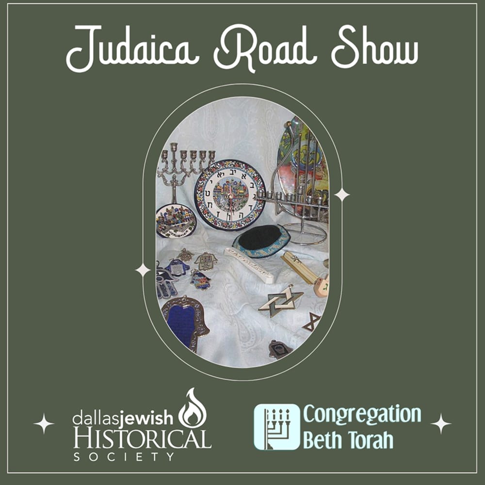 Assorted Judaica items, including menorahs and Star of David, displayed on a table with event and sponsor names around.