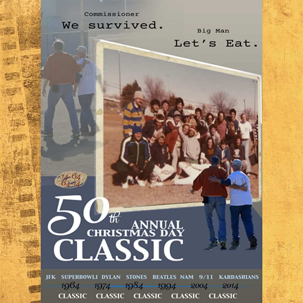 A group photo on a poster for the 50th Annual Christmas Day Classic, with event years and quotes.