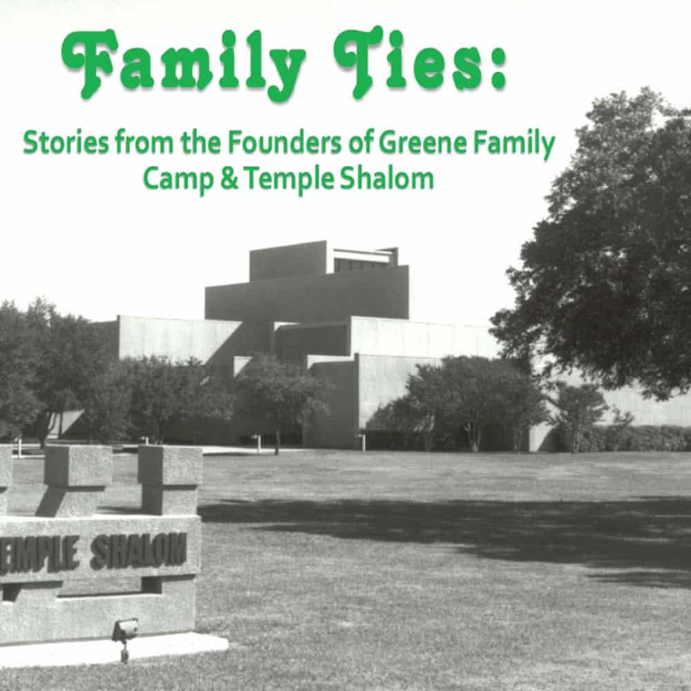 Modern building behind trees; “Temple Shalom” sign and event title about Greene Family Camp founders on image.