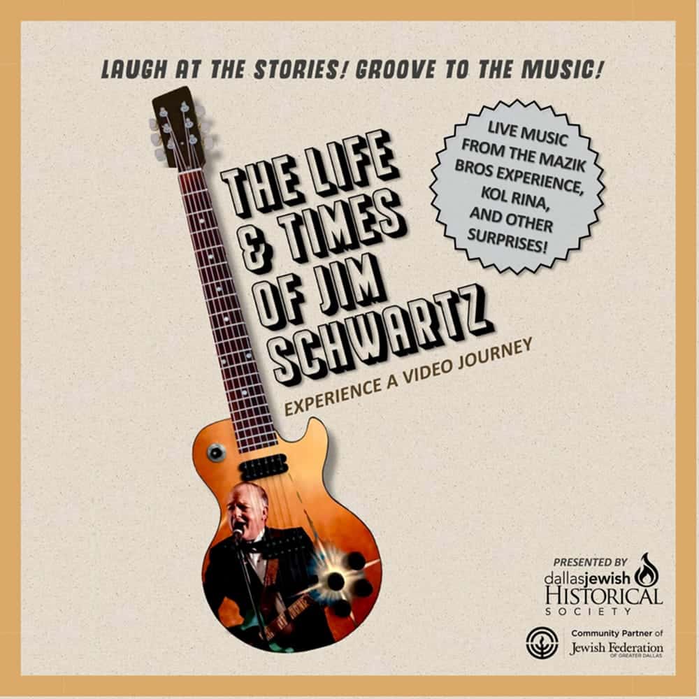 Poster for “The Life & Times of Jim Schwartz” with a guitar, event details, and a musician’s photo.
