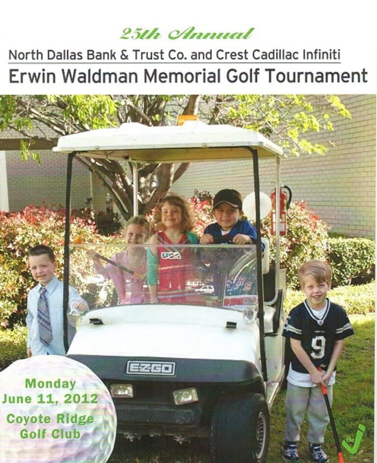 Four children pose with a golf cart at the Erwin Waldman Memorial Golf Tournament, Coyote Ridge, June 11, 2012.